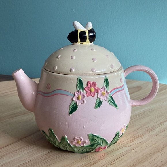 Vintage Miniature Tea Set Garden Pink Floral Bee Midwest Imports of Canon Falls - Picture 2 of 16